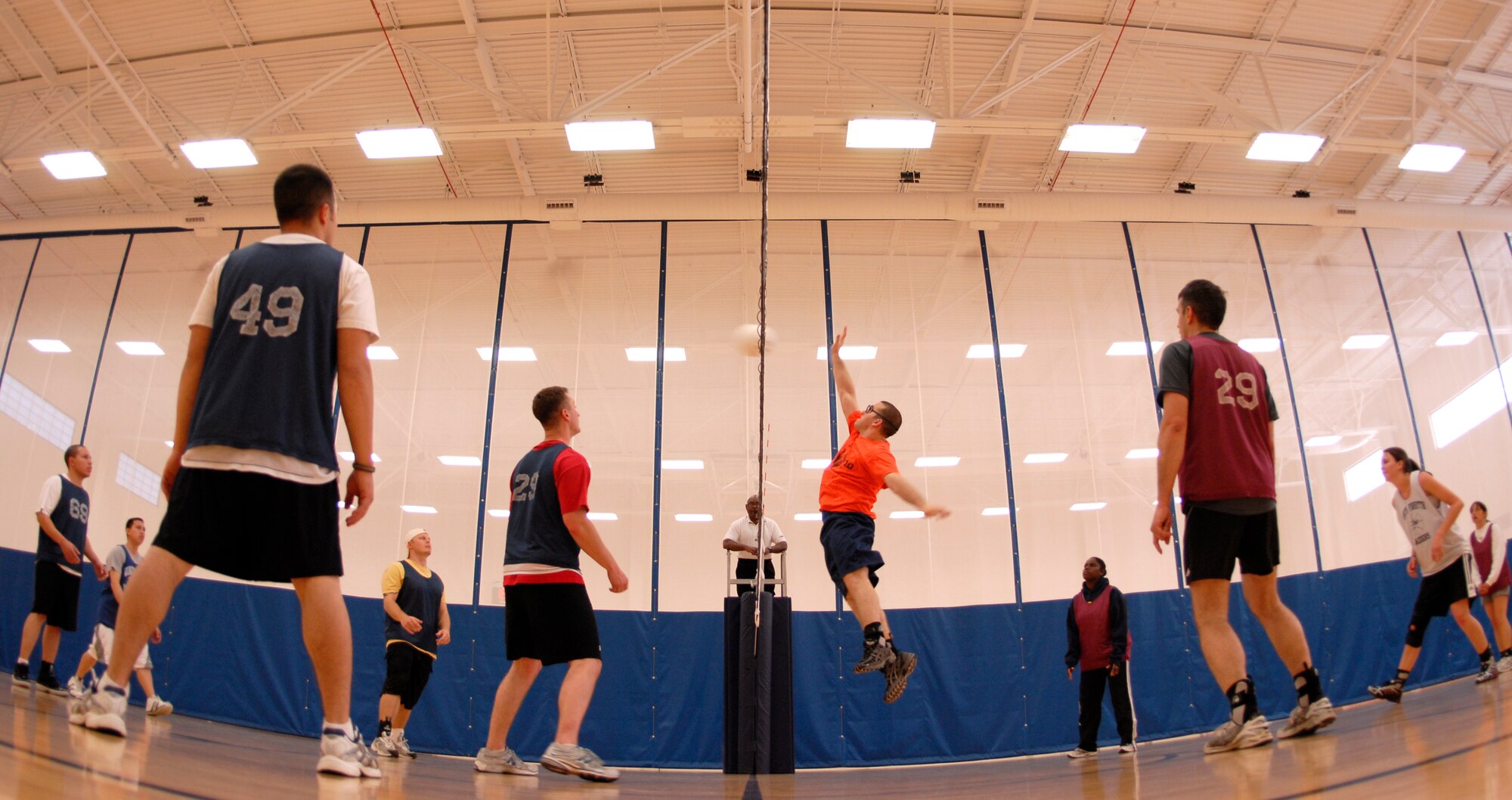 VANDENBERG AIR FORCE BASE, Calif. -- William Cosgrove, a 14th Air Force Team 2 team member, leaps to spike the ball during an intramural volleyball game at the base fitness center here Tuesday, April 13, 2010.  The 30th LRS team won both games, 25-10 and 25-12.  (U.S. Air Force photo/Senior Airman Andrew Satran) 

 

 

 

 
 

 

 

 

 