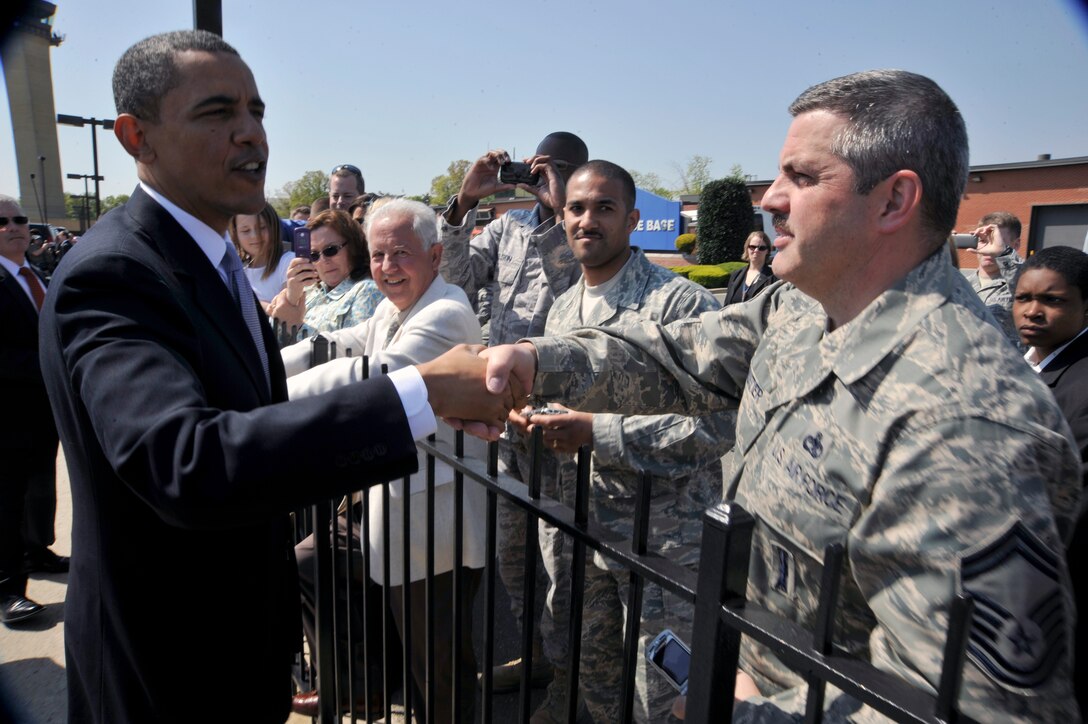 President Barack Obama thanks Airmen who directly supported the Nuclear Security Summit, April 15, 2010, at Joint Base Andrews, Md. Airmen from Joint Base Andrews were joined by deployed personnel from around the nation to provide safe and efficient transition into and out of the United States for a number of foreign leaders in attendance of the Nuclear Security Summit. President Obama left for the Kennedy Space Center in Cape Canaveral, Fla., to announce his new space program.  (U.S. Air Force photo by Airman 1st Class Perry Aston) (Released)


