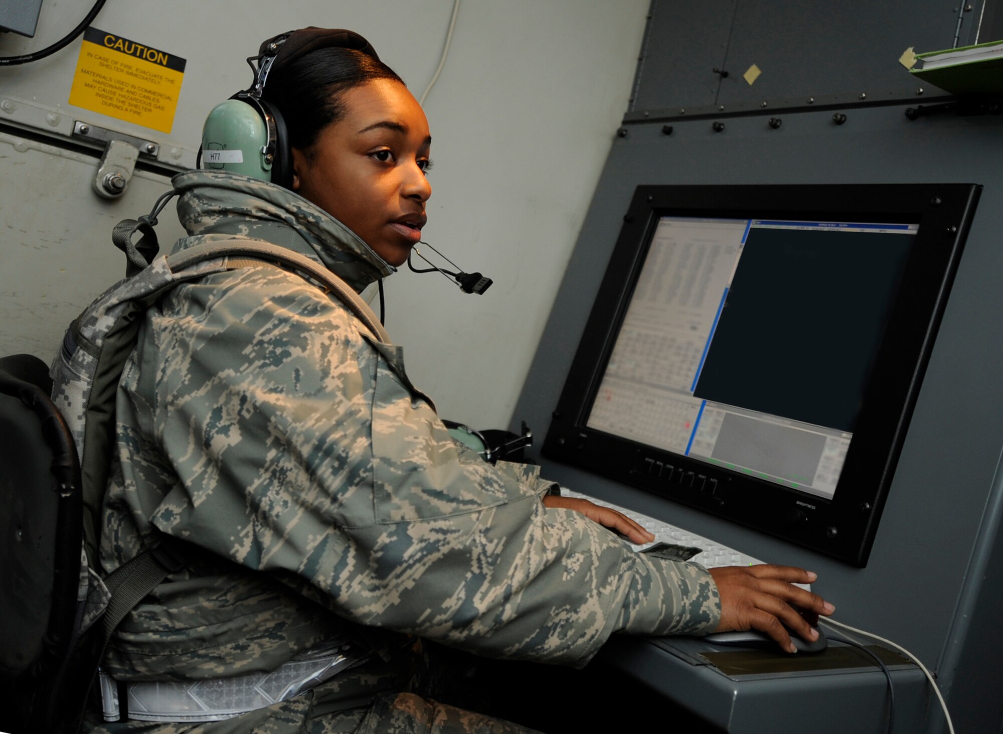 CAMP RILEA, OREGON -- Airman 1st Class Jasmine Gordon, 726th Air Control Squadron surveillance technician, helps control the air space during a mission performed in a weeklong exercise at Camp Rilea, Oregon, April 12. The 726th ACS tackles a wide-spread mission including enemy surveillance and identification, weapons control, joint and combined data-link connectivity, and battle management of offensive and defensive air activities. The squadron is made up of 27 different Air Force career fields, making it self-sustaining and able to deploy and fully operate without external support or help. (U.S. Air Force photo/Airman 1st Class Renishia Richardson)
