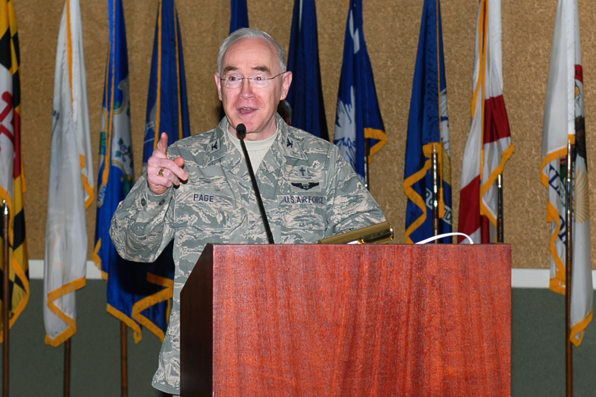 Col. Bobby Page, Air Education and Training Command command chaplain, speaks
at the 14th Flying Training Wing's Annual Prayer Breakfast April 12 at the
Columbus Club. (U.S. Air Force photo/Melissa Duncan). 
