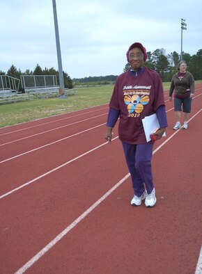 Hannah Martin, Fayetteville Resident, 77, participates in the 1500-kilometer Race Walk during the 2010 Mid Carolina Senior Games held at the Pope Fitness Center on April 14. This year marks Mrs. Martin’s 10th year of participation in the Games. (U.S. Air Force photo/2nd Lt. Cammie Quinn)