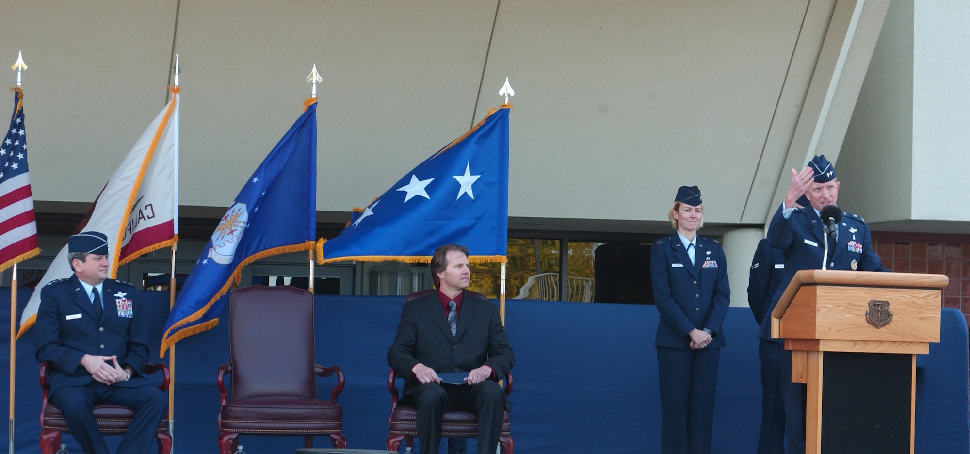 Dr. (Maj. Gen.) Thomas Loftus, assistant surgeon general for health care operations, speaks during a ceremony in honor of David Grant USAF Medical Center earning VPP "STAR" status, April 9. (U.S. Air Force photo/ Senior Airman Liliana Moreno)
