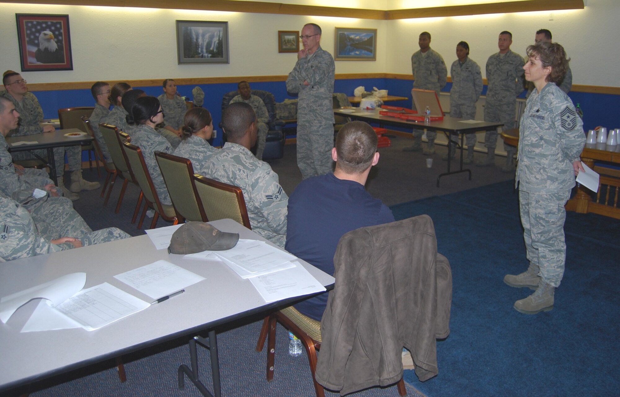 Col. Michael Fortney, 341st Missile Wing commander and Chief Master Sgt. Cari Kent, 341st MW command chief, attended the Airman's Council meeting April 9 to answer questions and hear concerns from the Airmen. The Airman's Council meeting was the first for this term, and it took place at the Grizzly Bend Club. (U.S. Air Force photo/Airman 1st Class Kristina Overton)