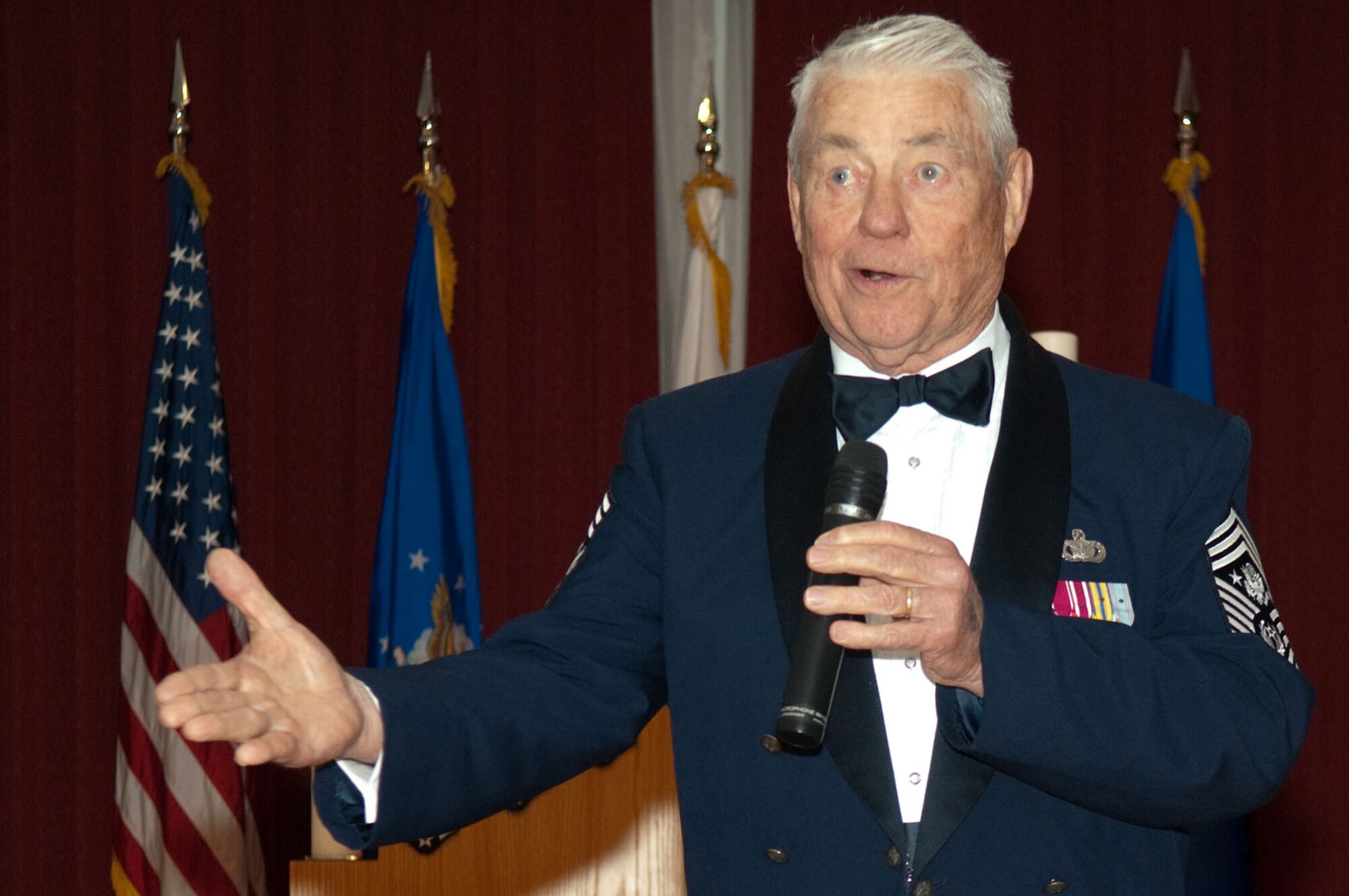 HANSCOM AIR FORCE BASE, Mass. – Retired Chief Master Sgt. Robert D. Gaylor, the fifth Chief Master Sergeant of the Air Force, addresses the crowd during the Chiefs Recognition Ceremony on April 9 at the Minuteman Club. (U.S. Air Force photo by Rick Berry)