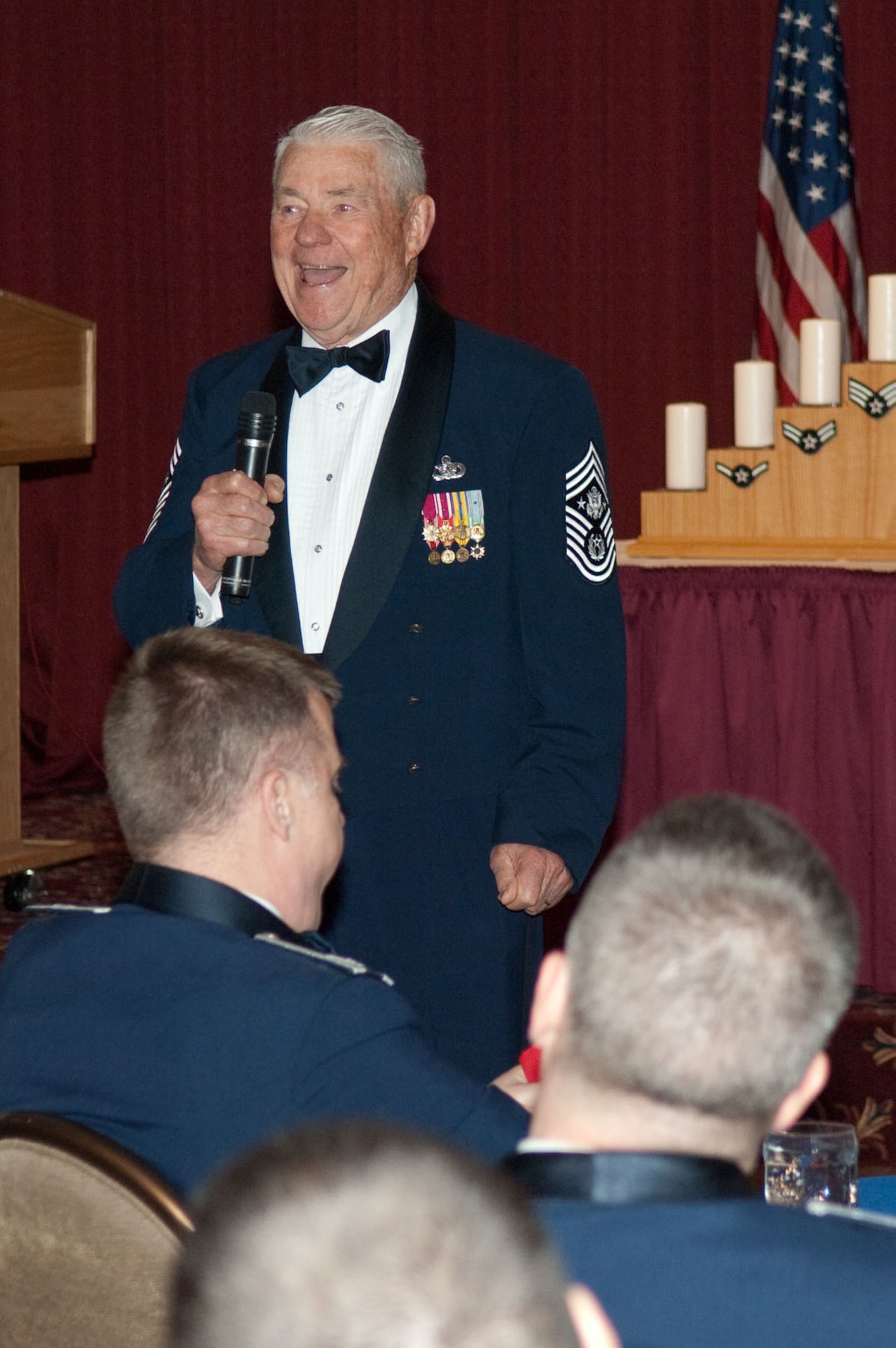HANSCOM AIR FORCE BASE, Mass. – Retired Chief Master Sgt. Robert D. Gaylor, the fifth Chief Master Sergeant of the Air Force, known for using his humor and knowledge of the Air Force during speeches at Air Force bases around the country, addresses the crowd during the Chiefs Recognition Ceremony on April 9 at the Minuteman Club. (U.S. Air Force photo by Rick Berry)