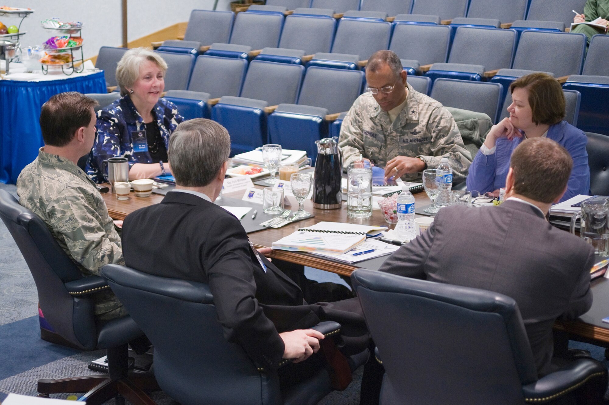 More than 20 key leadership members of the nuclear enterprise gathered at Malmstrom Air Force Base to attend a steering group meeting chaired by Ms. Ann Mitchell, Air Force Global Strike Command's A4/7, pictured at the head of the table here. Also shown with Ms. Mitchell are, clockwise, Brig. Gen. Everett Thomas, Commander of the Air Force Nuclear Weapons Center; Ms. Lorna Estep, Executive Director, Air Force Global Logistics Support Center; Mr. Ross Marshall, Deputy Director of Logistics, Headquarters Air Force Materiel Command; Mr. Mark Johnson, Executive Director, Ogden Air Logistics Center; and Brig. Gen. Jeffry Smith, AFGSC A5/8. (U.S. Air Force photo/Beau Wade)