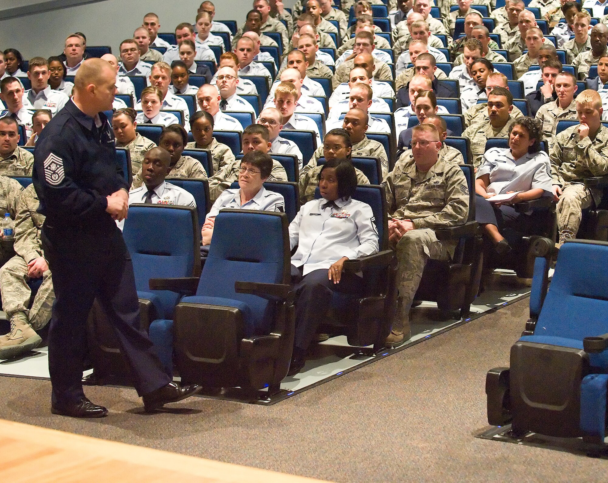 Chief Master Sgt. of the Air Force James A. Roy talks to Airmen during an enlisted call at the Base Theater April 12.  Topics included health care, the new fitness exam and the ?don?t ask, don?t tell? policy.  (U.S. Air Force photo/Roland Balik)