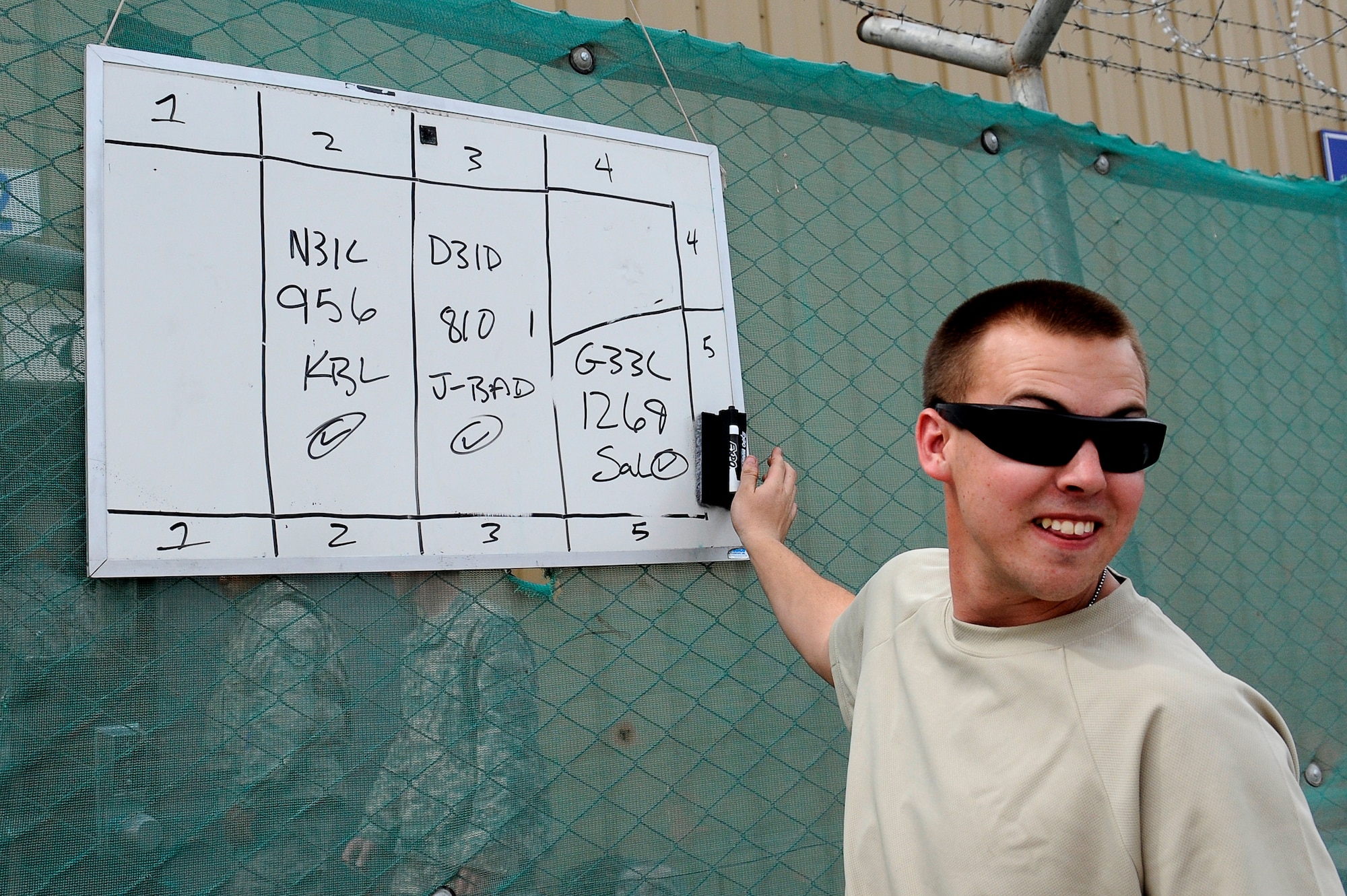 U.S. Air Force Airman 1st Class Brandon Ziegler, 455th Expeditionary Aerial Port Squadron, updates the pallet positions at Bagram Airfield, Afghanistan, April 14, 2010. Airman Ziegler is deployed from Travis Air Force Base, Calif., and is from Val Dosta, Ga. (U.S. Air Force photo by/ Tech. Sgt. Jeromy K. Cross/released)