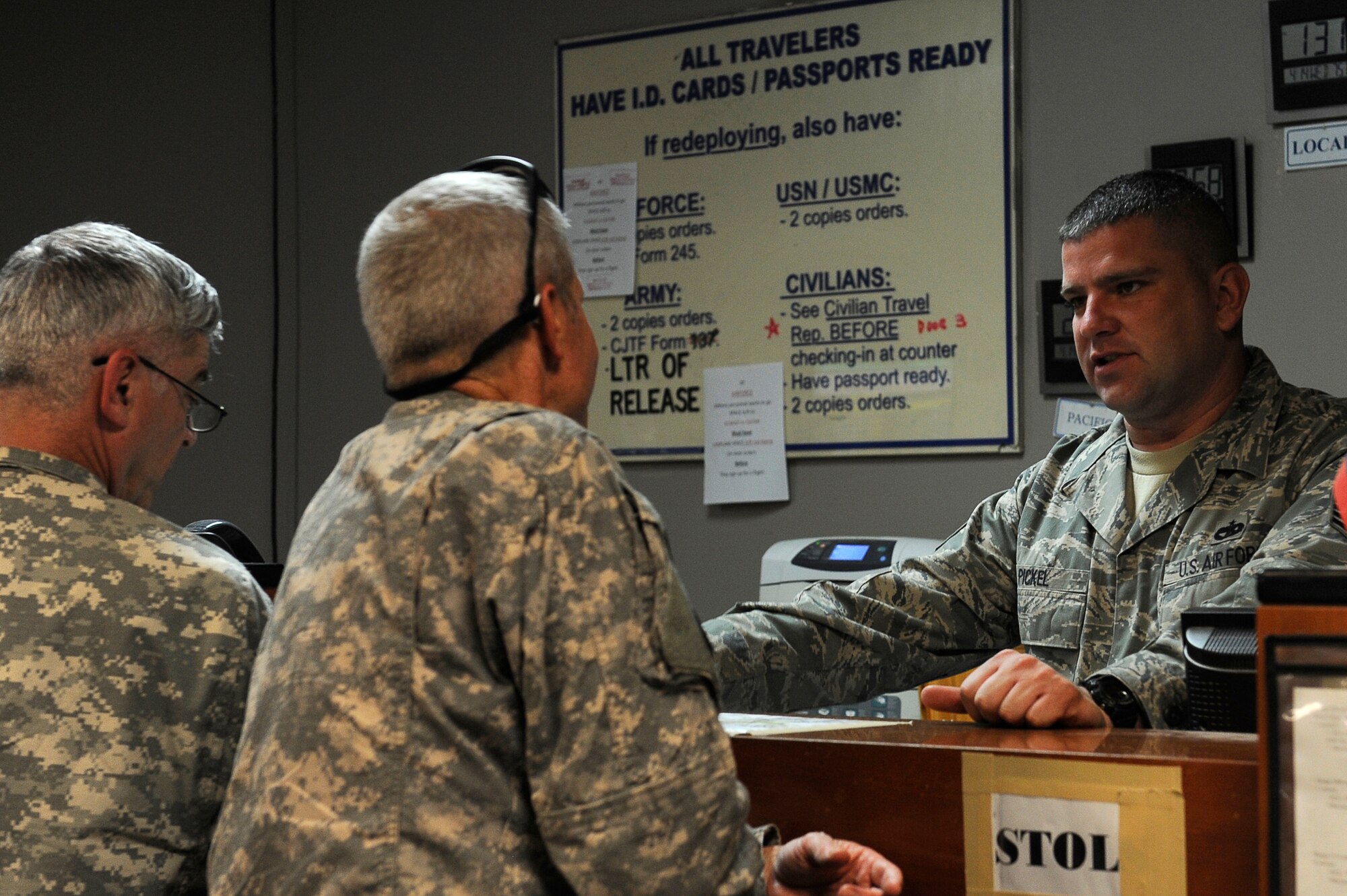 U.S. Air Force Tech Sgt. James Pickel, 455th Expeditionary Aerial Port Squadron, manifests personnel on aircraft flying throughout Southwest Asia, at Bagram Airfield, Afghanistan, April 14, 2010. Sergeant Pickel is deployed from Travis Air Force Base, Calif., and is from Knoxville, Tenn. (U.S. Air Force photo by/ Tech. Sgt. Jeromy K. Cross/released)