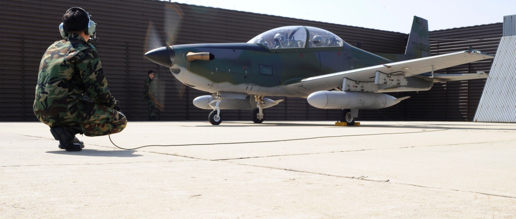 Maj. Jwa-Ryong Park prepares to take off in his KA-1 aircraft April 15 at Osan Air Base, Republic of Korea. Major Park is the 237th Tactical Fighter Squadron intelligence commander from Seoul, ROK. Major Park and 237th TFS members are here participating in Buddy Wing, a joint, bi-yearly training exercise involving the ROK Air Force and the U.S. Air Force. (U.S. Air Force photo/Staff Sgt. Stephenie Wade)