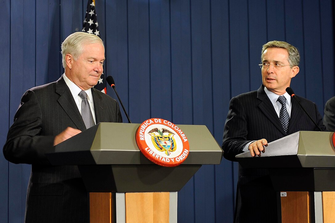U.S. Defense Secretary Robert M. Gates and Colombian President Alvaro Uribe talk to the press at the Presidential Palace in Bogota, April 15, 2010.