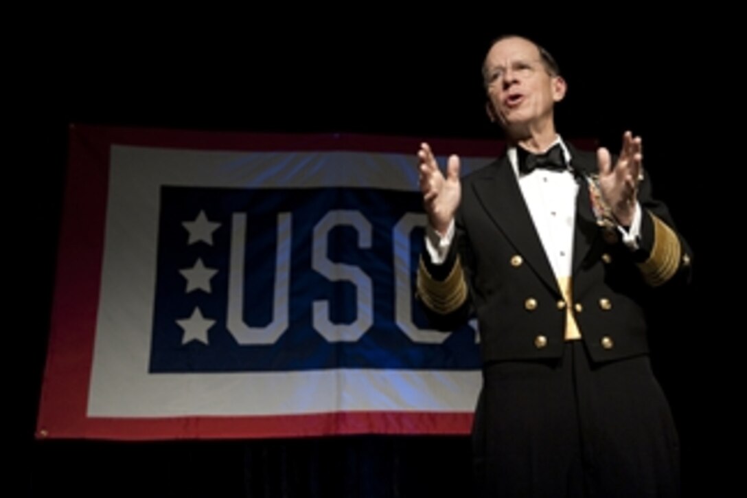 Chairman of the Joint Chiefs of Staff Adm. Mike Mullen address audience members at the annual USO Gala at the Ritz Carlton in Arlington, Va., on April 14, 2010.  