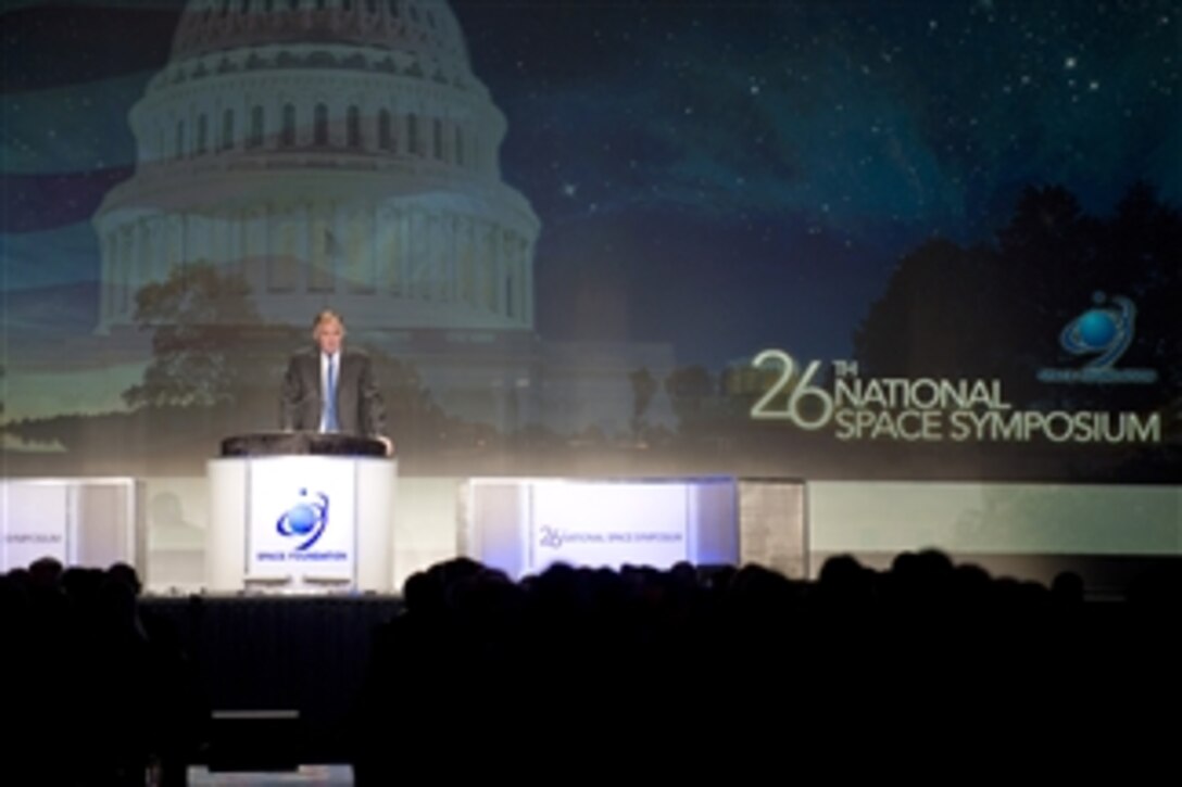 Deputy Secretary of Defense William J. Lynn III speaks at the 2010 National Space Symposium in Colorado Springs, Colo., April 14, 2010. 