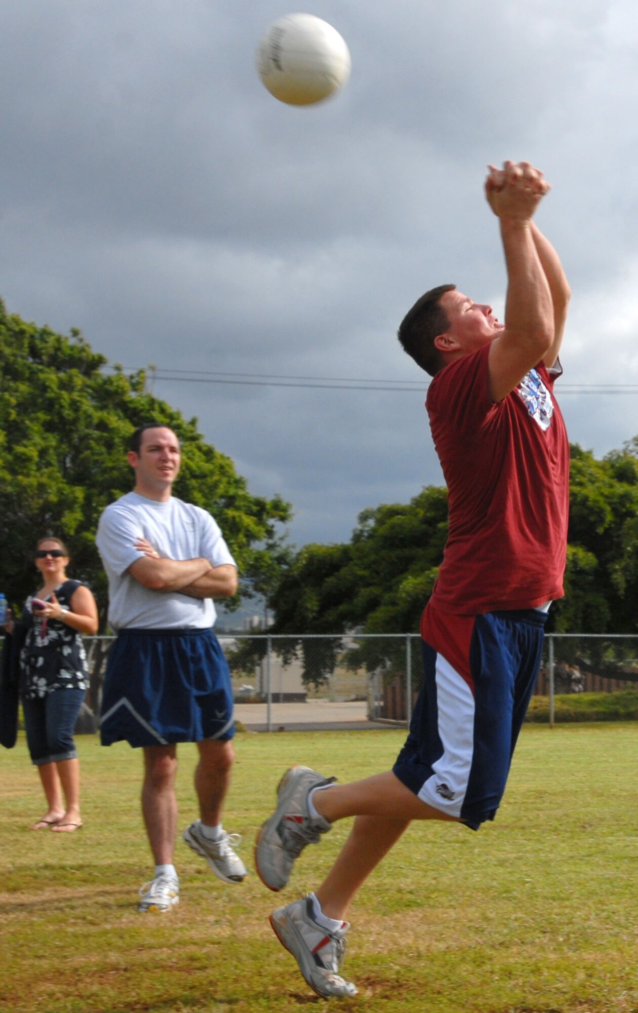 JOINT BASE PEARL HARBOR HICKAM, Hawaii – Staff Sgt. Douglas Wolf, 15th Comptroller Squadron, saves the ball from going out of bounds during a volleyball game as part of the Team Hickam Sports Day here, April 16. (U.S. Air Force photo/Senior Airman Gustavo Gonzalez)