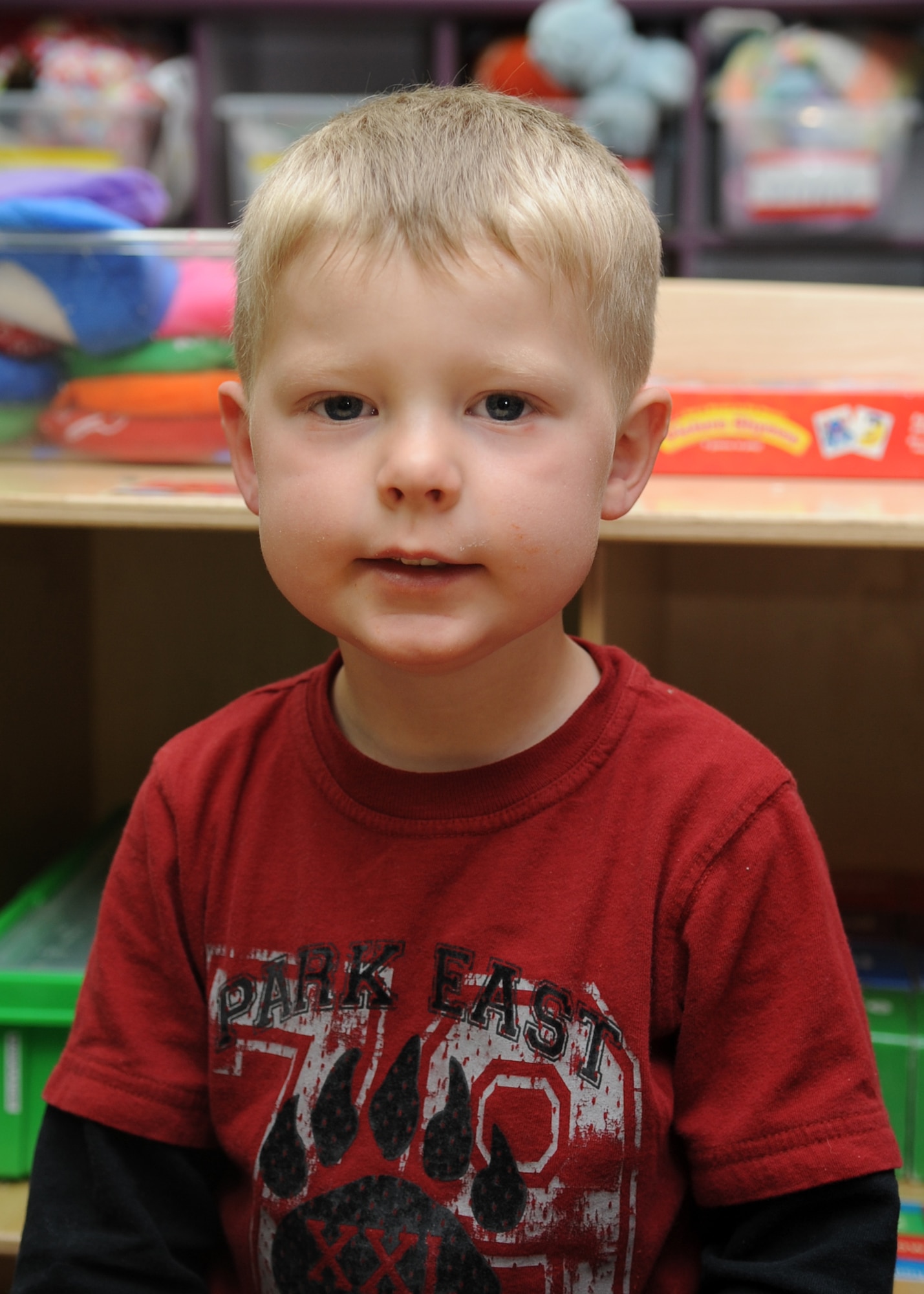 Sean Mercer attends the Child Development Center at Buckley Air Force Base. When Airman 1st Class Marcy Glass asked Sean what he likes best about his mommy working on a military base, his response was "I like playing with Seraya. I like having sleepovers with Seraya." ( U.S. Air Force Photo by Airman First Class Marcy Glass )
