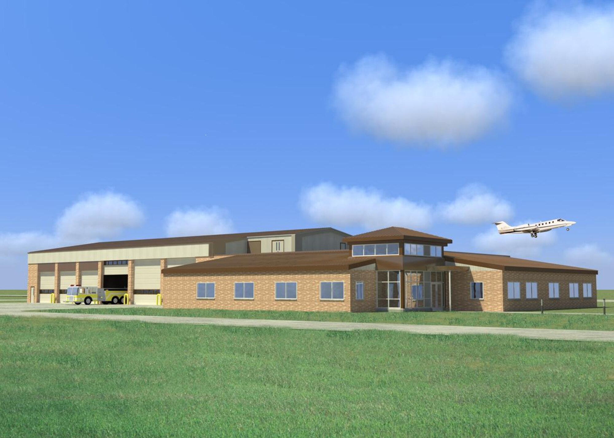 Entrance design of the new 119th Wing fire, crash and rescue station that will be built at the North Dakota Air National Guard base in Fargo.  A groundbreaking ceremony for the new facility will take place on April 21.  T.F. Powers Construction Company will manage the construction and Zerr Berg Architects, Inc. designed the facility.  

