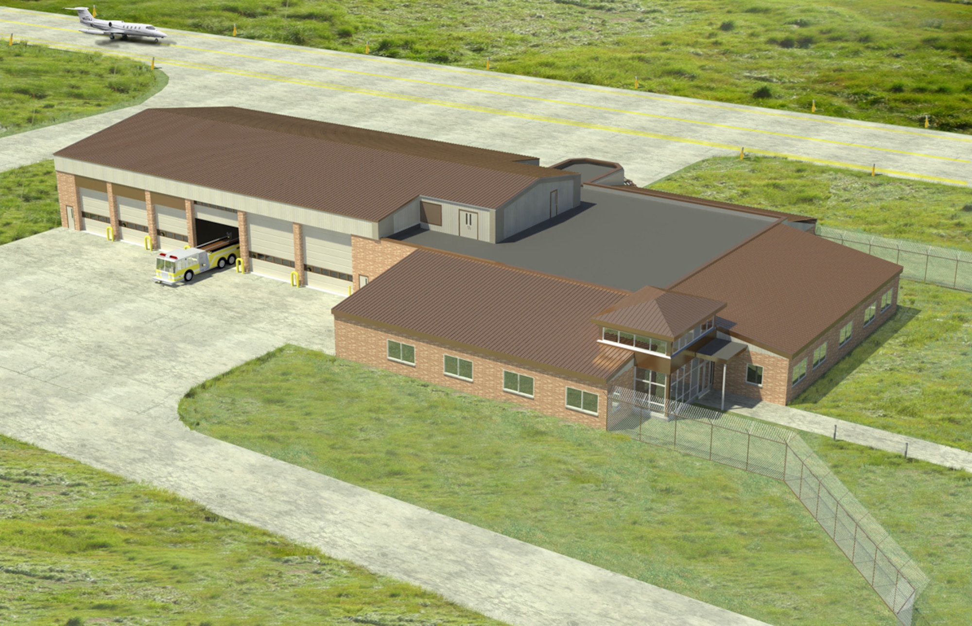 Aerial view of the design of the new 119th Wing fire, crash and rescue station that will be built at the North Dakota Air National Guard base in Fargo.  A groundbreaking ceremony for the new facility will take place on April 21.  T.F. Powers Construction Company will manage the construction and Zerr Berg Architects, Inc. designed the facility.  