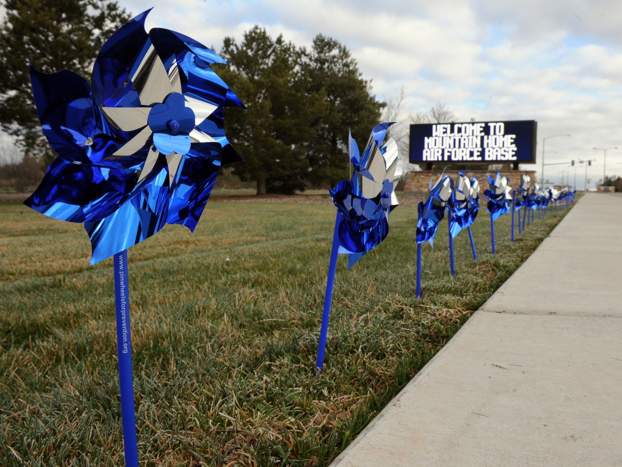 MOUNTAIN HOME AIR FORCE BASE, Idaho -- 60 blue and silver pinwheels were planted along
Gunfighter Avenue near the main gate for the month of April. The pinwheels are used to raise
awareness and educate families about Child Abuse Prevention Awareness Month.
Organizations throughout the state are raising awareness through a variety
of activities from training sessions and presentations to exhibitions and
community events. (Courtesy photo)
