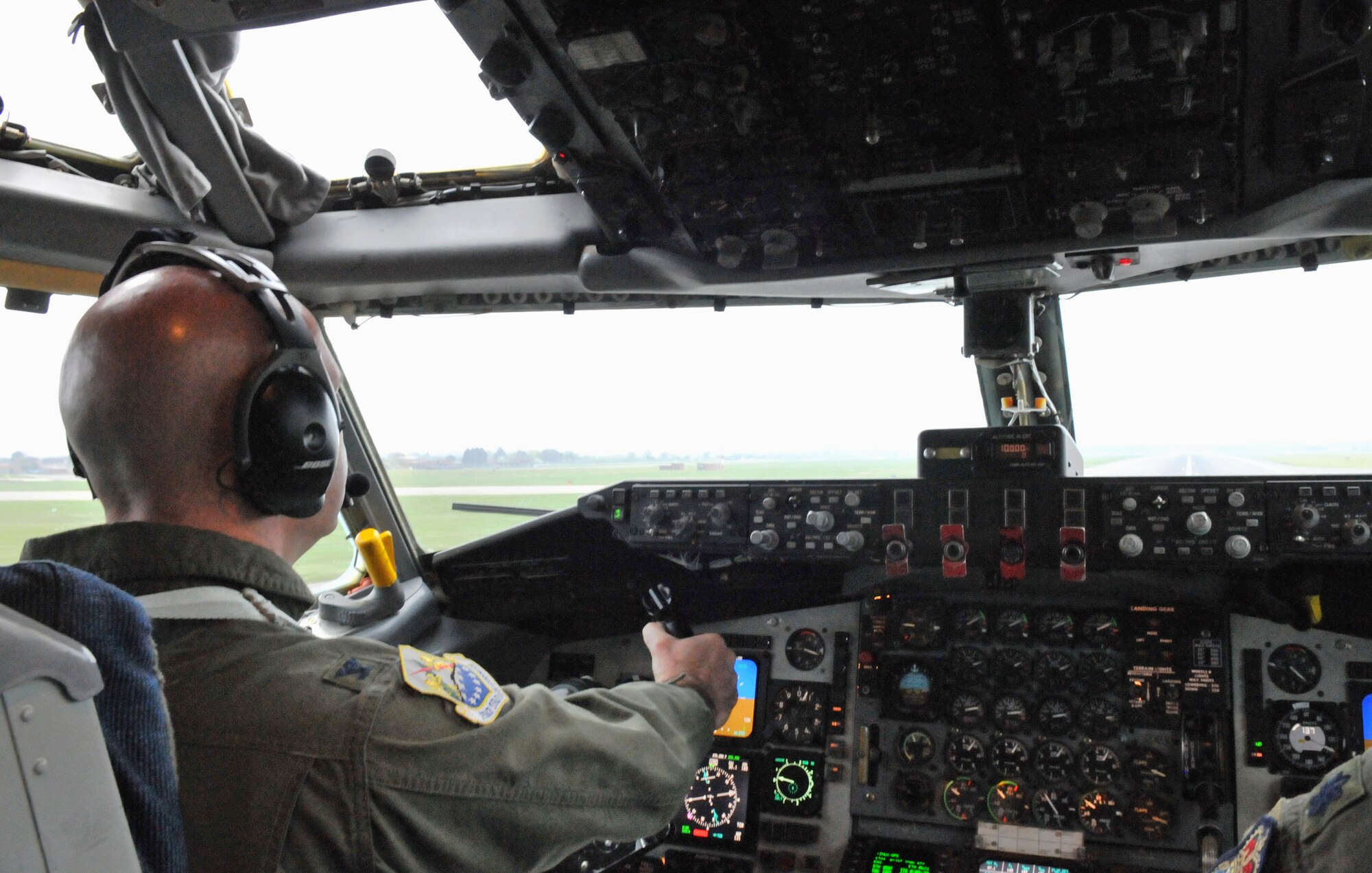 RAF MILDENHALL, England ? Col. Chad Manske, 100th Air Refueling Wing commander, pulls back on the controls of the KC-135 Stratotanker as he lifts the aircraft airborne. The colonel piloted the plane during Exercise BRILLIANT ARDENT April 15. (U.S. Air Force photo/1st Lt. Matthew Greenspan)
