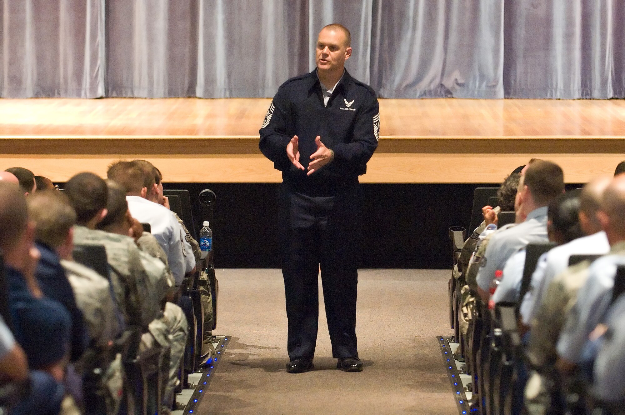 Chief Master Sergeant of the Air Force James A. Roy and his wife, Paula, visited Dover Air Force Base, Del., April 12. Chief Master Sgt. John Evalle, 436th Airlift Wing command chief, and his wife, Lori, hosted the visit. While at Dover AFB, Chief Roy and Ms. Roy had breakfast with recently deployed Airmen and their spouses, toured the Center for the Families of the Fallen, had lunch with the Dover Chiefs Group, and held an Enlisted Call. Chief Roy spoke about the deliberate development of Airmen, saying the Air Force must ensure its servicemembers are afforded every opportunity for learning. He cited the importance of off-duty education in forming proficient leadership. (U.S. Air Force photo/Roland Balik)