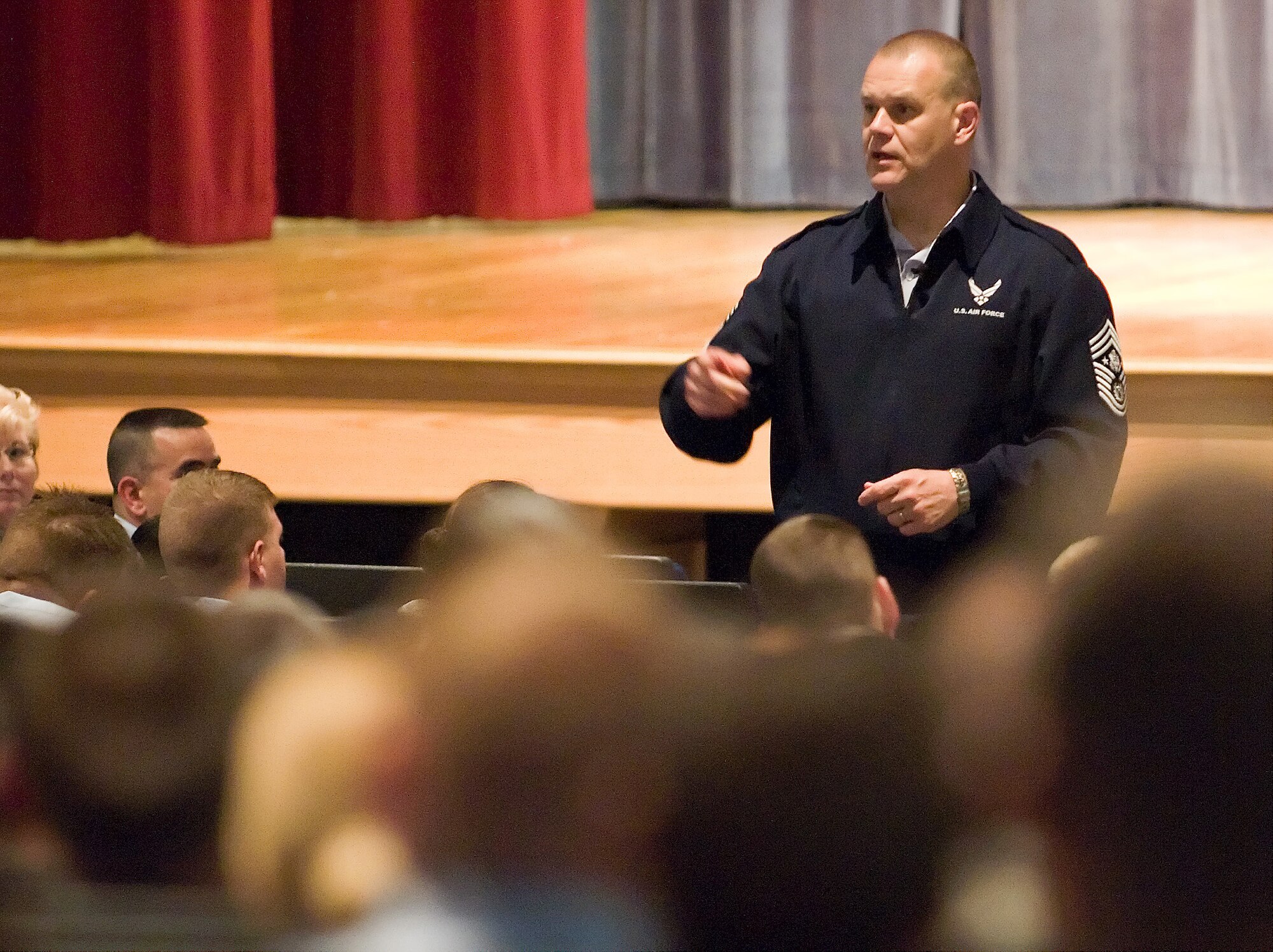 Chief Master Sergeant of the Air Force James A. Roy and his wife, Paula, visited Dover Air Force Base, Del., April 12. Chief Master Sgt. John Evalle, 436th Airlift Wing command chief and his wife, Lori, hosted the visit. While at Dover AFB, Chief Roy and Ms. Roy had breakfast with recently deployed Airmen and their spouses, toured the Center for the Families of the Fallen, had lunch with the Dover Chiefs Group, and held an Enlisted Call, where Chief Roy touched on the topic of the Air Force's eventual total withdrawal from Iraq. He also said every AF member's first priority is nuclear enterprise, followed by the role in the joint coalition. Lastly, he stressed the Air Force's priority of taking care of its people. (U.S. Air Force photo/Roland Balik)