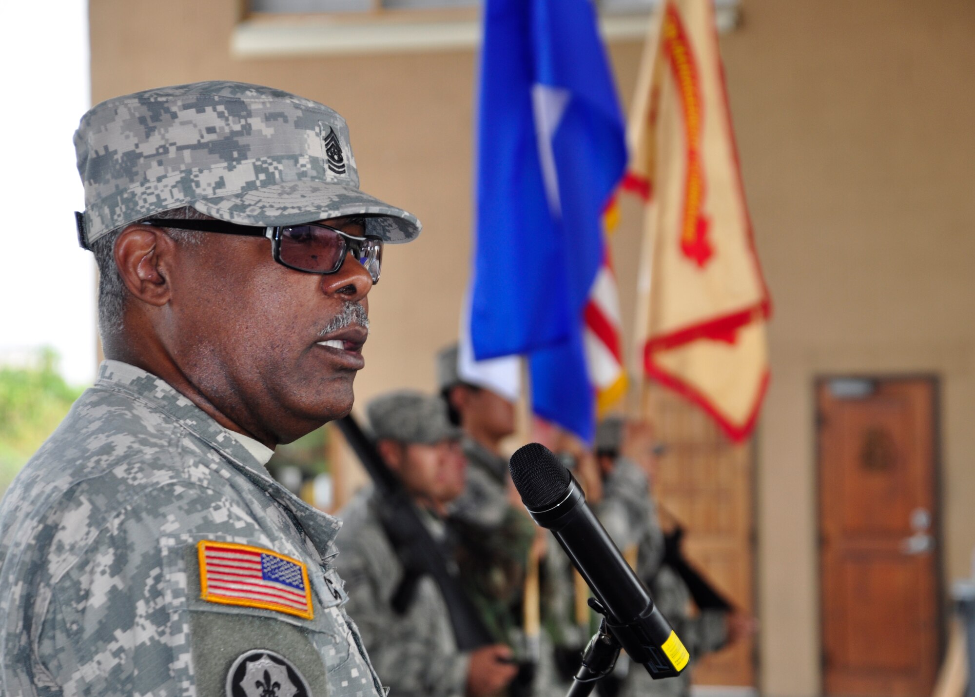 Command Sgt. Maj.  Clayton Crooks assumes responsibilities as the highest ranking enlisted member in Army Support Activity from outgoing Command Sgt. Maj. Jeffery Miller April 14 during a change of responsibility ceremony here. ASA provides selected Expeditionary Base Operation Support to Joint Task Force-Bravo and other organizations at Soto Cano Air Base to enhance operational focus and readiness and quality of life.