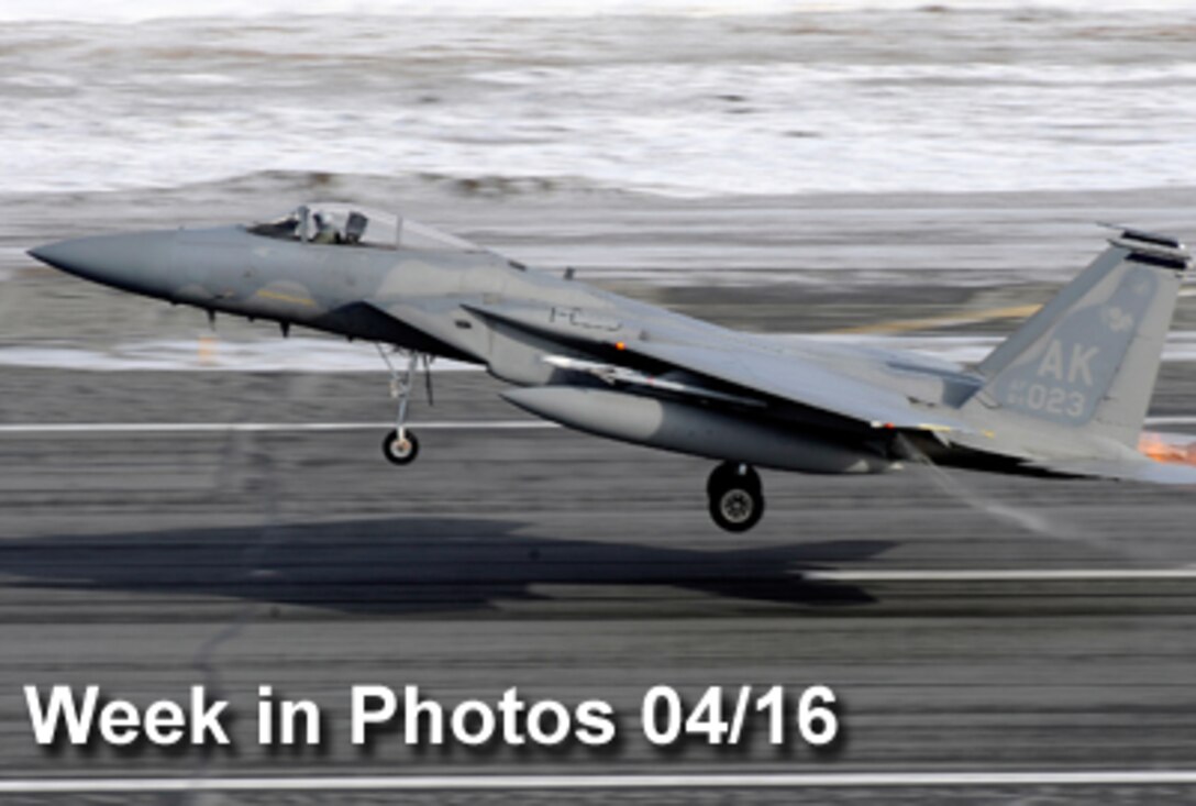 Air Force Week in Photos for April 16, 2010, highlights photos from around the Air Force. In this photo by Staff Sgt. Brian Ferguson, an F-15 Eagle from the 3rd Wing at Elmendorf Air Force Base, Alaska, takes off for a live-fire training mission over an Alaskan gunnery range.  (U.S. Air Force photo illustration)