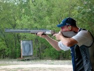 Air Force shooting program double-trap shooter Brian Maher trains his eye on a target at the San Antonio Gun Club. (Courtesy photo by Susan Lalonde)