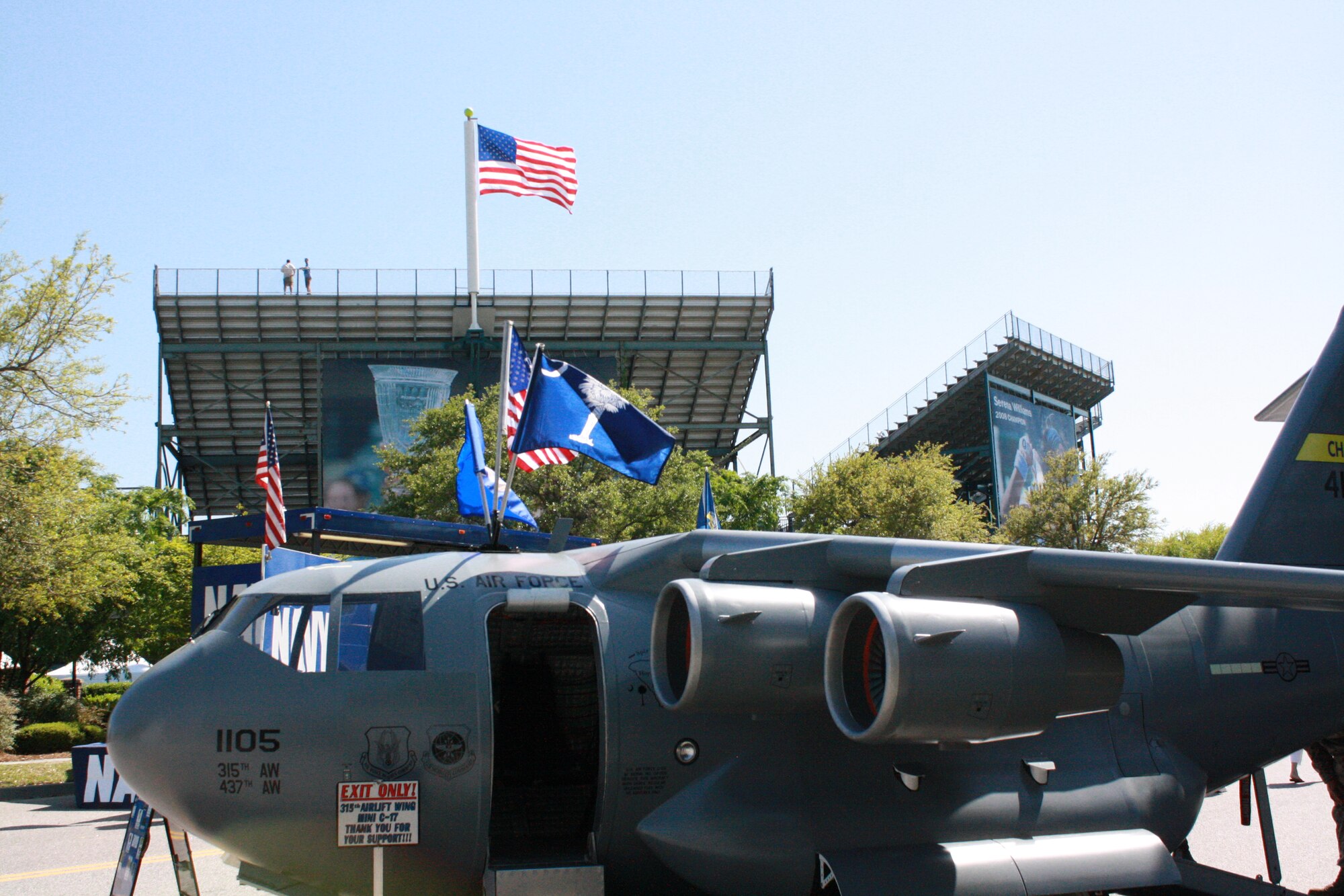 The replica mini C-17 from the 315th Airlift Wing, Charleston Air Force Base, S.C. was on display at the Family Circle Tennis Center April 12. The Family Circle Cup, a professional womens tennis tournament, brings thousands of tennis fans from all over the world to Charleston for two weeks each spring, (U.S. Air Force photo/TSgt Elizabeth Holzbaur)