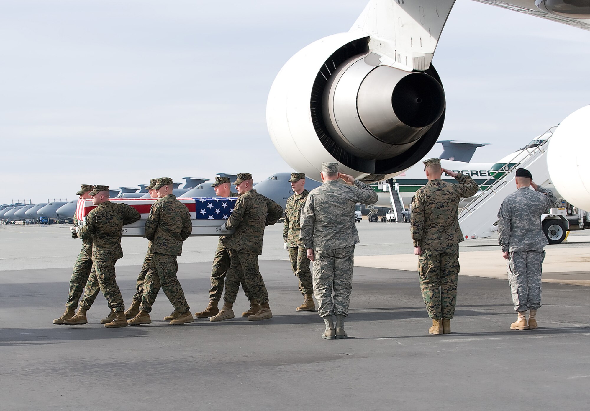 A U.S. Marine Corps team transfers the remains of Marine Corps Lance Cpl. Nigel K. Olsen, of Salem, Utah., at Dover Air Force Base, Del., on March 5, 2010. He was assigned to the 4th Light Armored Reconnaissance Battalion, 4th Marine Division, Marine Forces Reserve, Camp Pendleton, Calif. He died March 4 in Helmand province, Afghanistan, while supporting combat operations. (U.S. Air Force photo/Brianne Zimny)