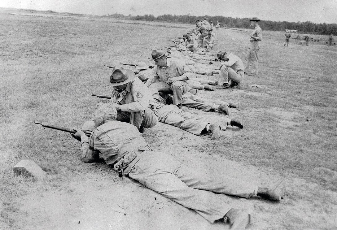 Recruits practice firing their 1903 Springfield rifles just prior to the onset of World War II.