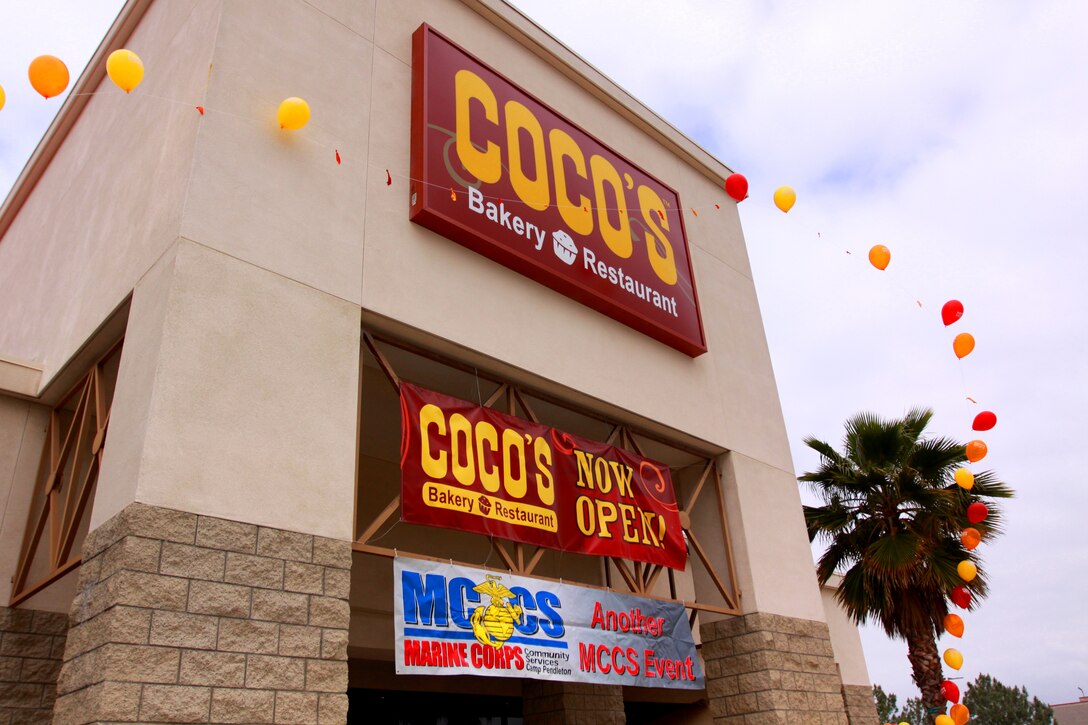 Camp Pendleton officially opened Coco's Bakery Restaurant at Pacific Plaza, with a ribbon cutting ceremony, April 16. This is Department of Defense's first sit-down eatery, said Samantha Grant, Junger-Godfrey Public Relations. The 4500-square-foot restaurant seats up to 150 patrons and is open seven days a week from 6 a.m. to 11 p.m. The family restaurant took less than three months to build with only six months of planning.