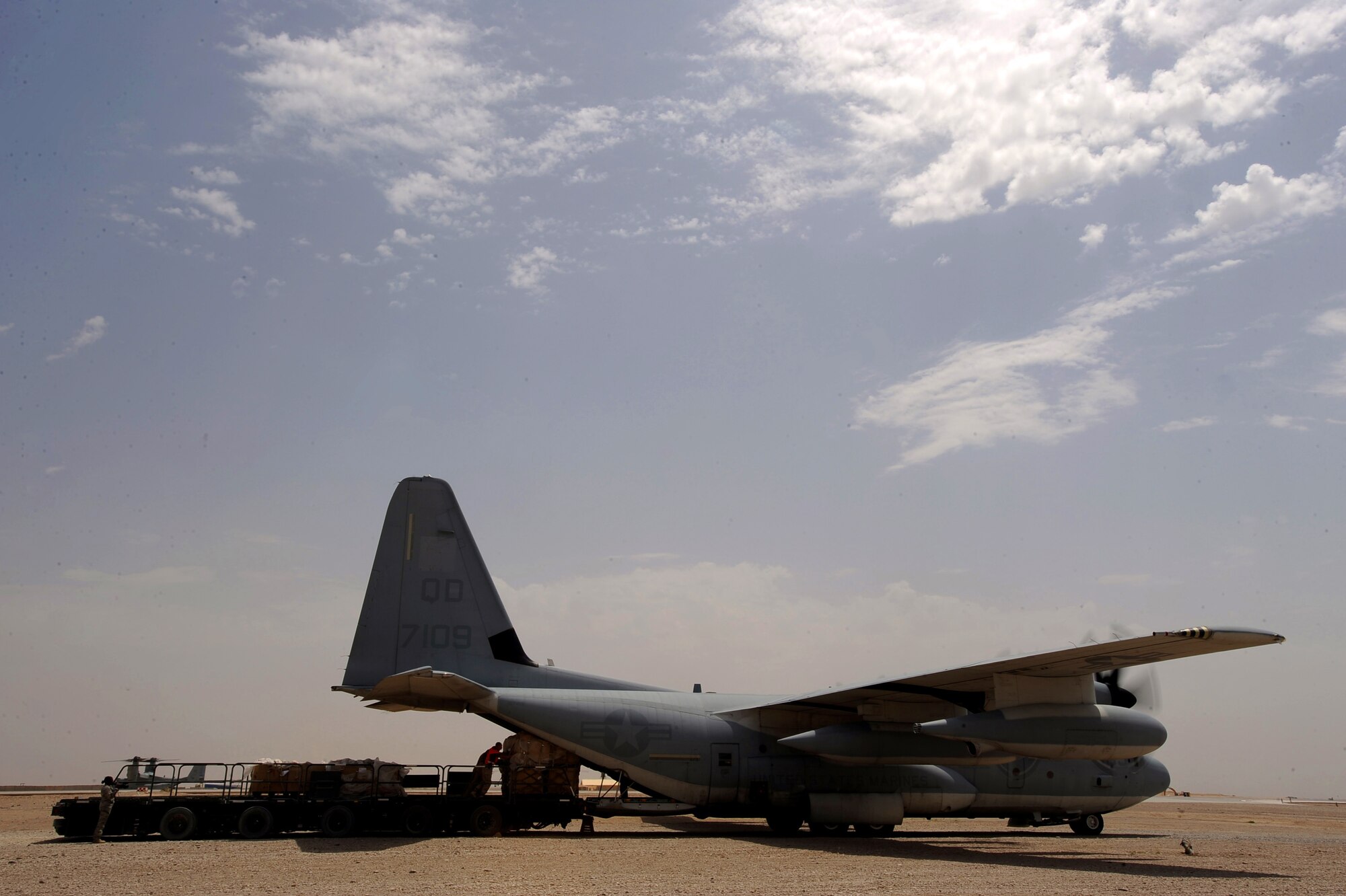 Aerial porters assigned to the 451st Expeditionary Logistics Readiness Squadron, Detachment 1, load pallets on an outgoing C-130 Hercules with a 60K-loader, April 15, 2010, at Camp Bastion, Afghanistan. ?Without question we have some of the sharpest Airmen in the Air Force out here at Bastion,? said Master Sgt. Jeff Powell, 451st ELRS superintendent deployed from Pope Air Force Base. ?They are excited about doing their job everyday and they are learning about being hands on leaders. At this operations tempo we don?t have much time to mentor each Airman, but these guys are motivated to be as good as they possibly can and the Air Force should be proud to have them on the flight line here. They are as good as it gets.?(U.S. Air Force photo/Staff Sgt. M. Julian Martinez/released)