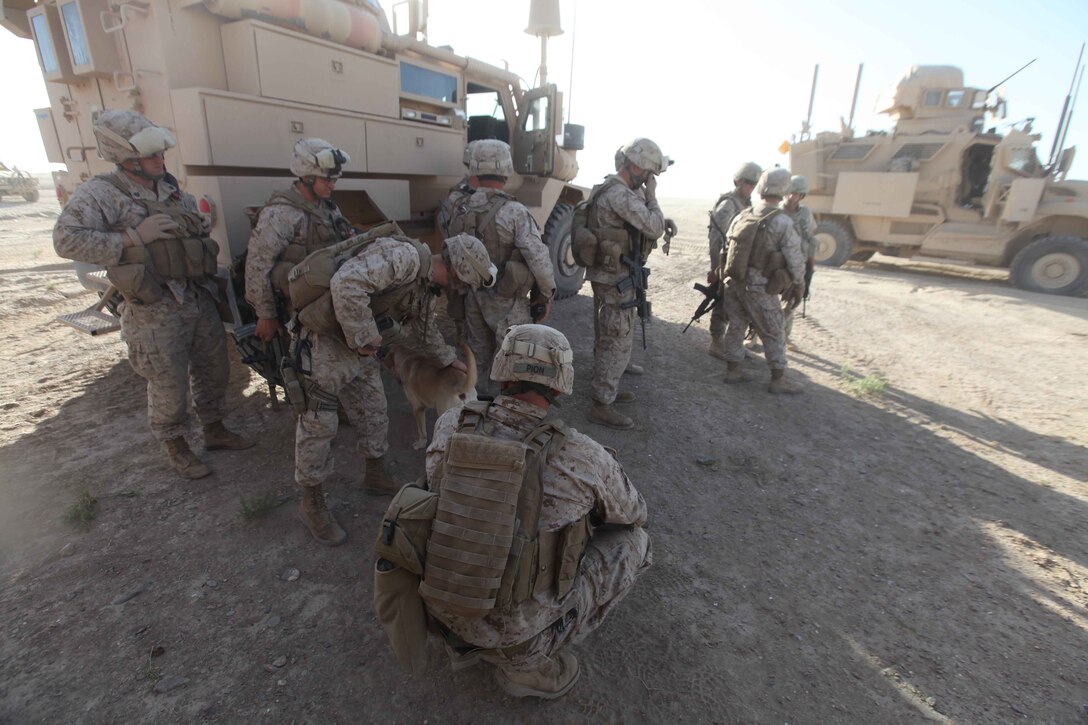 U.S. Marines with 1st Battalion 2nd Marine Regiment participate in a memorial ceremony for Sgt. Donald Lamar, Lance Cpl. Davis, and Lance Cpl. on Musa Qal'eh District Center, May 21, 2010.