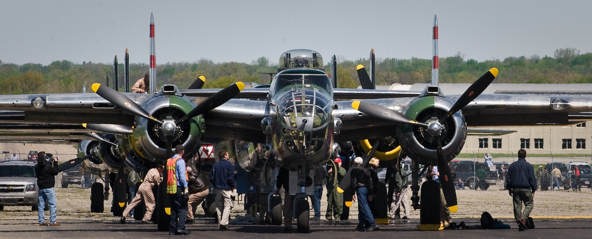 B-25 Mitchell bombers at the National Museum of the U.S. Air Force at Wright-Patterson Air Force Base, Ohio are being prepared for a formation flyover prior to the Doolittle Raiders Memorial Service in the museum's Memorial Park on April 18, 2010. This is one of the largest gatherings of the Mitchell Bombers since the historic raid over Tokyo, Japan during World War II.  (U.S. Air Force photo/Lance Cheung)