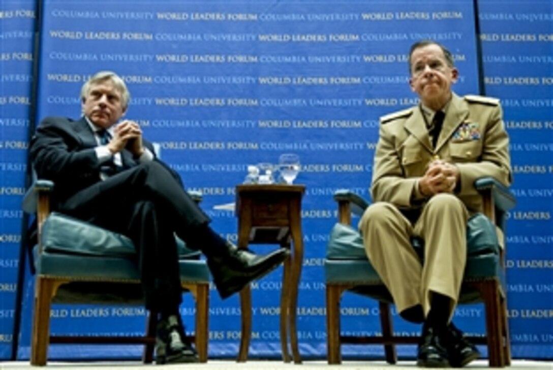 Navy Adm. Mike Mullen, chairman of the Joint Chiefs of Staff, and Columbia University President Lee C. Bollinger take questions at the Columbia University World Leaders Forum in New York, April 18, 2010. 