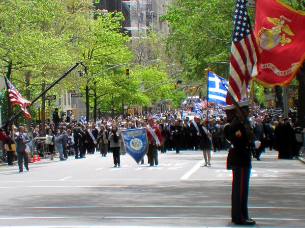 Marines and veterans marched in the Greek Independence Day Parade, New York, April 18, let by a Marine Corps color guard from 6th Communications Battalion, 4th Marine Logistics Group, Marine Forces Reserve. 6th Communications Battalion is headquartered in Brooklyn, N.Y.