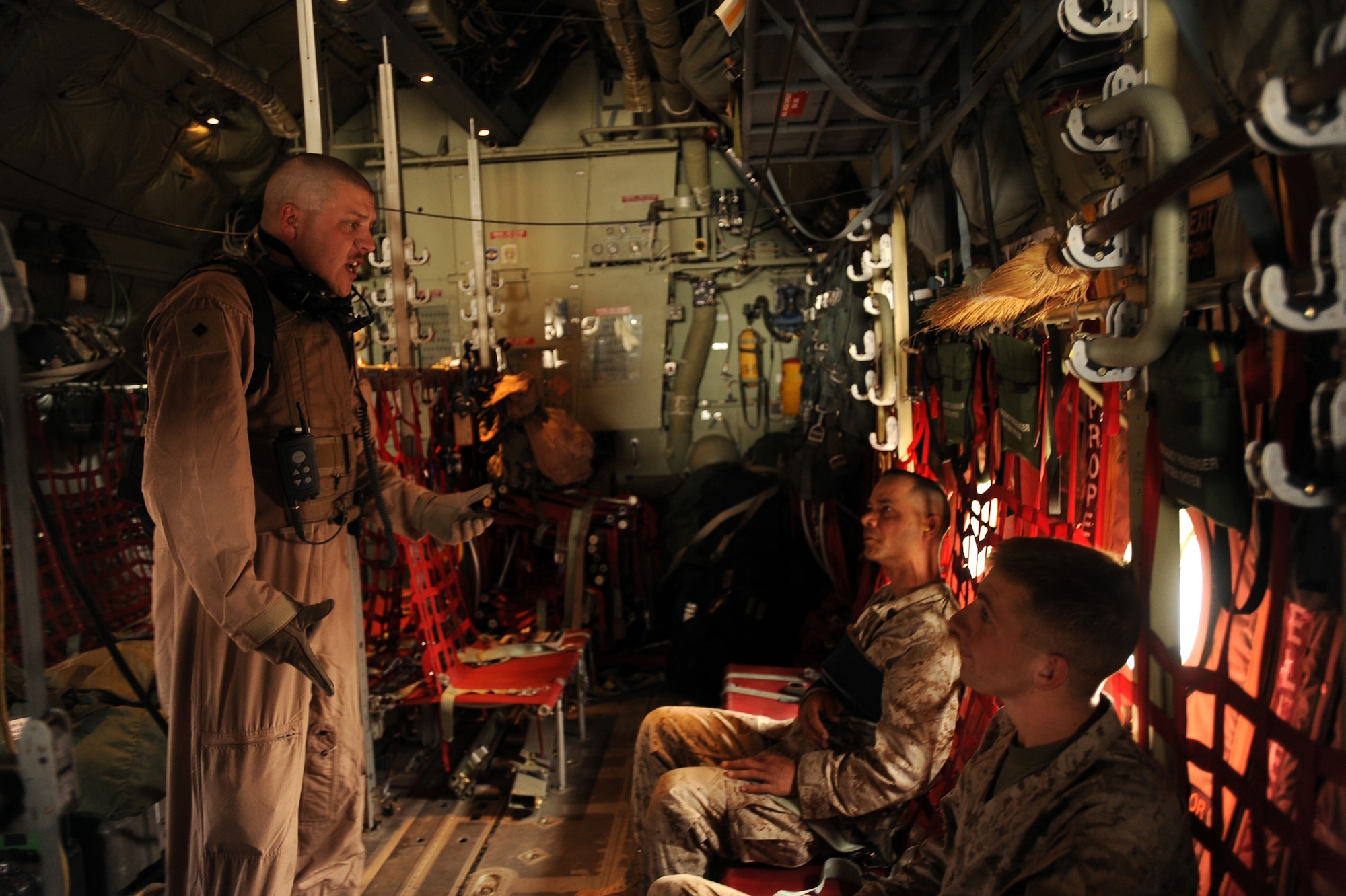 U.S. Air Force Staff Sgt. Robert Hawkins, a 455th Expeditionary Aeromedical Evacuation Flight C-130J Hercules loadmaster, gives a safety brief to patients being transferred from the 451st Expeditionary Aeromedical Evacuation Squadron, Detachment 1 Contingency Aeromedical Staging Facility to higher-echeclon medical care facilities, April 13, 2010, at Camp Bastion, Afghanistan.  (U.S. Air Force photo/Staff Sgt. Manuel J. Martinez/released)

