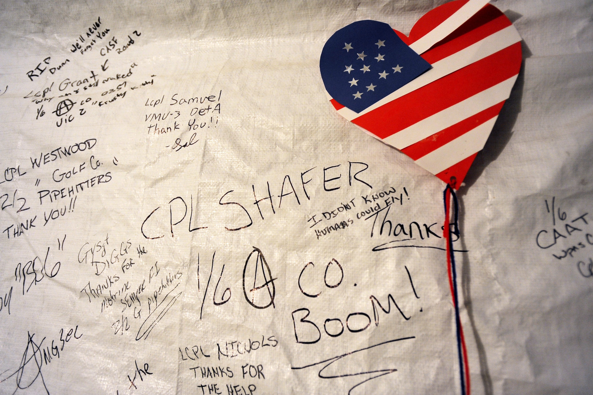 Words from prior patients meant for the staff of the 451st Expeditionary Aeromedical Evacuation Squadron, Detachment 1 Contingency Aeromedical Staging Facility, April 13, 2010, at Camp Bastion, Afghanistan. (U.S. Air Force photo/Staff Sgt. Manuel J. Martinez/released)
