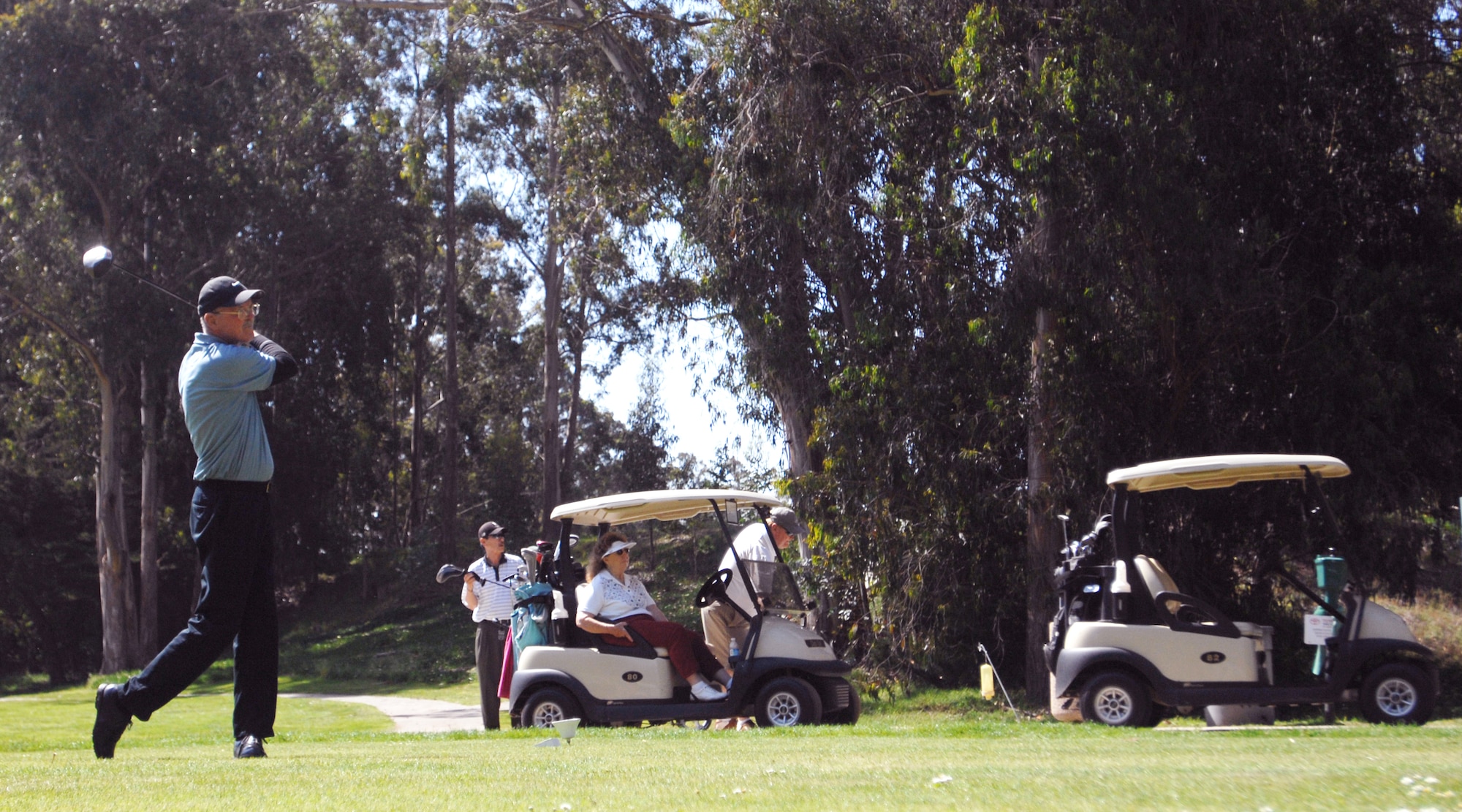 VANDENBERG AIR FORCE BASE, Calif. – Following through with his shot, Jack Armstrong drives the ball toward the green during the Spring Open Golf Tournament located at the Marshallia Ranch Golf Course here Sunday, April 18, 2010. The Spring Open is a two day tournament consisting of 36 holes. (U.S. Air Force photo/Senior Airman Christopher Hubenthal)