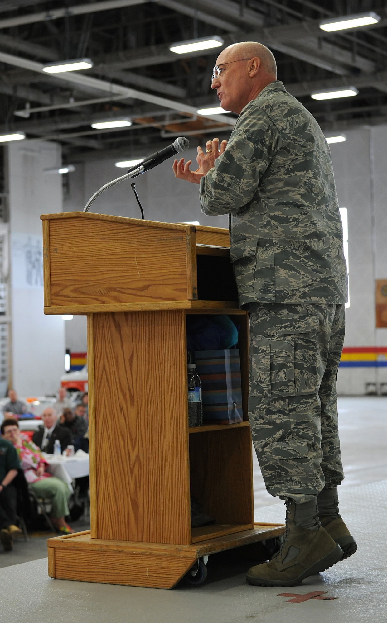 ELMENDORF AIR FORCE BASE, Alaska -- Chaplain (Maj. Gen.) Cecil Richardson raises to his toes during his motivational speech to hundreds of servicemembers about the power of prayer during the National Prayer Luncheon April 16. This was the first Joint Base Elmendorf-Richardson National Prayer Luncheon. Chaplain Richardson is the Air Force Chief of Chaplains.  (Air Force photo by Senior Airman Cynthia Spalding)