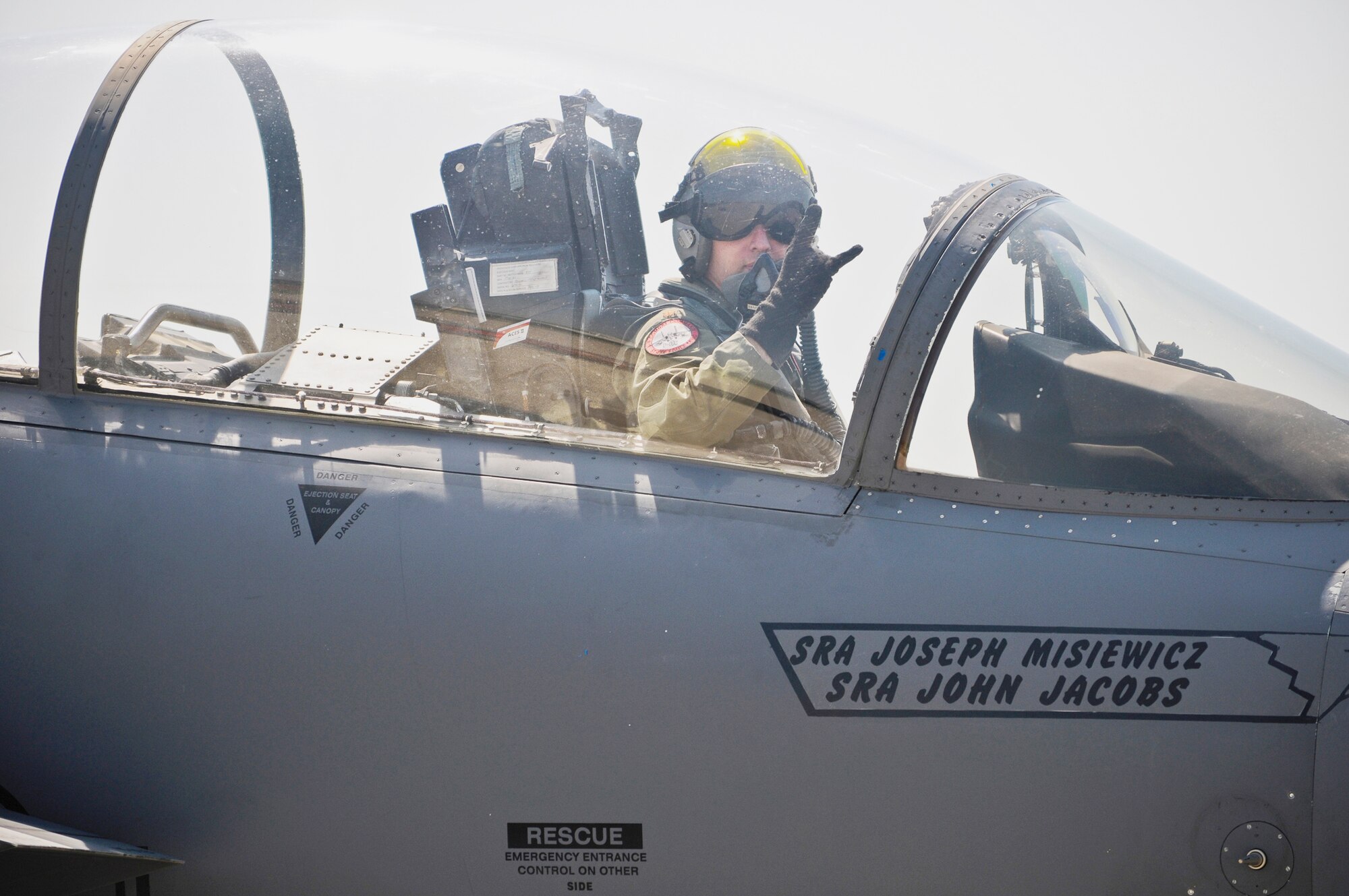 Maj. Gregory F. Craven taxies his F-15E Strike Eagle onto the flightline at the Kentucky Air National Guard Base in Louisville, Ky., April 15, 2010. Major Craven and the Strike Eagle Demo Team are in Louisville to participate in the Thunder Over Louisville air show. He is a pilot assigned to the 4th Fighter Wing at Seymour Johnson Air Force Base, N.C. (U.S. Air Force photo/Senior Airman Maxwell A. Rechel)