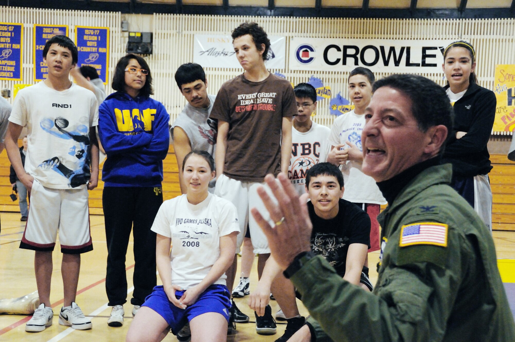 Col. Dominic DeFrancis laughs with students from Kotzebue High School during his visit for Operation Arctic Care 2010 April 16 through 17 in Kotzebue, Alaska. Colonel DeFrancis is the Air Force Reserve Command Surgeon General. (U.S. Air Force photo/Tech. Sgt. Melissa E. Chatham)