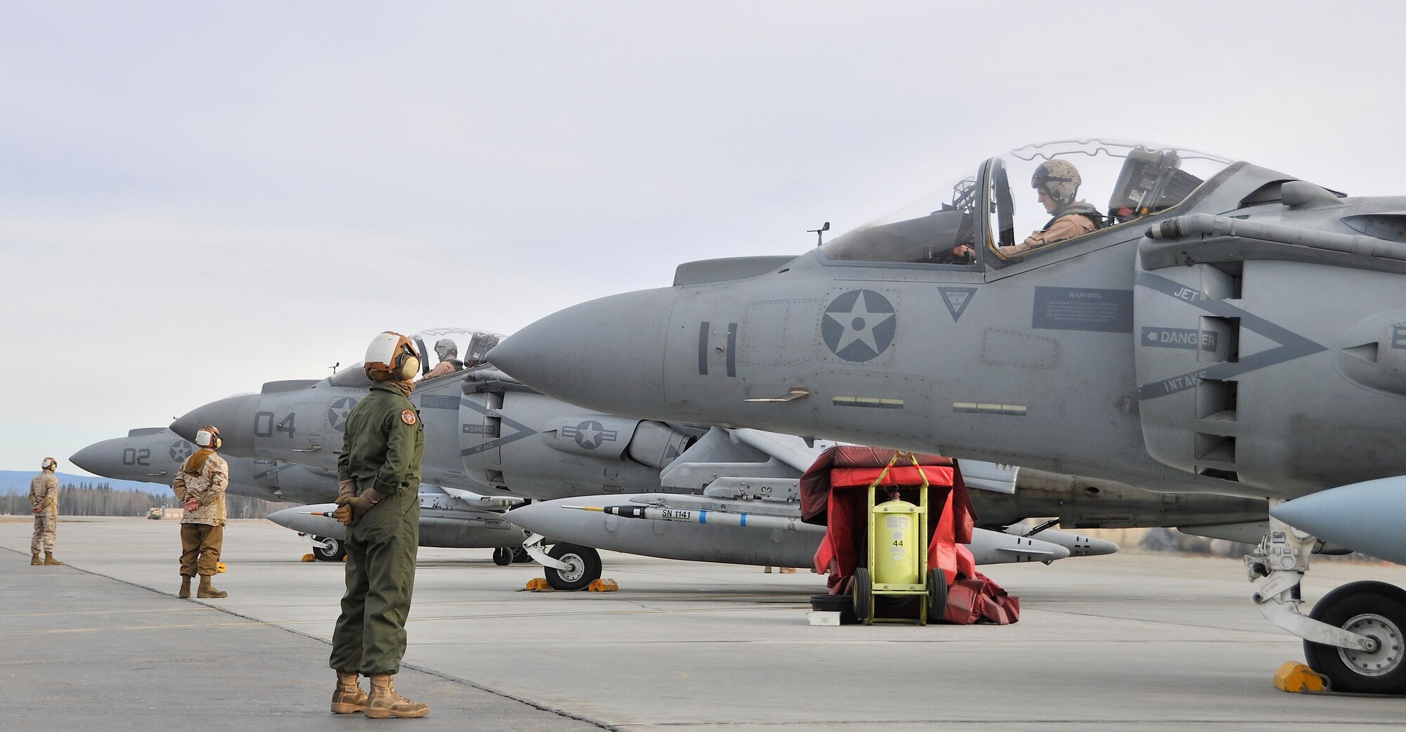 U.S. Marine AV-8B Harriers prepare to launch during RED FLAG-Alaska 10-2, April 19, 2010, Eielson Air Force Base, Alaska. RF-A is a Pacific Air Forces-directed field training exercise for United States and coalition forces under simulated combat conditions. The Harriers are assigned to VMA-211, Marine Corps Air Station, Yuma, AZ. (U.S. Air Force photo/Staff Sgt. Christopher Boitz)