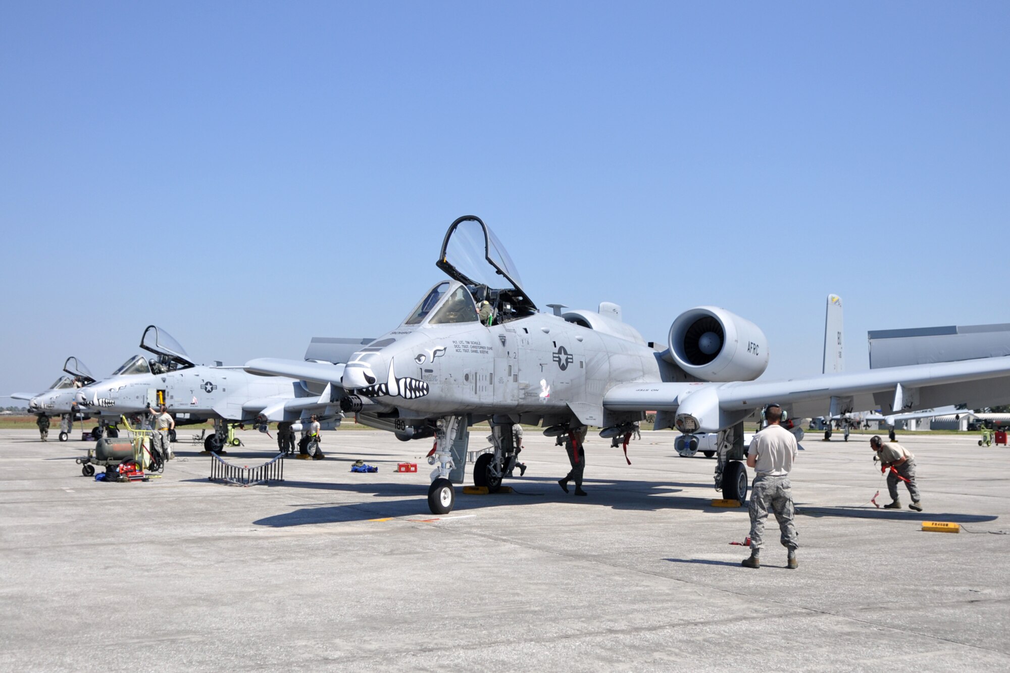 Tech. Sgt. Michael Zeigler, crew chief, 717th Aircraft Maintenance Squadron, loads liquid oxygen into the system of an A-10 Thunderbolt II at MacDill Air Force Base, Fla., April 1, 2010. More than 100 Airmen from the 917th Wing, Barksdale Air Force Base, La., participated in Patriot Everglades, which supported the training of Joint Terminal Attack Controllers (JTAC) and Combat Search and Rescue (CSAR) operations. (U. S. Air Force Photo/Tech. Sgt. Jeff Walston)