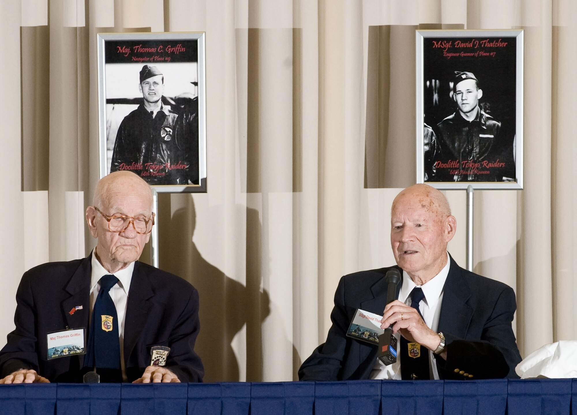 Doolittle Raiders Maj. Thomas Griffin and Master Sgt. David J. Thatcher participate in a question and answer session with the media April 16, 2010, at the National Museum of the U.S. Air Force at Wright-Patterson Air Force Base, Ohio. (U.S. Air Force photo/Lance Cheung)