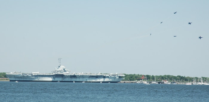 The Blue Angels soar over charleston harbor during thier practice run Friday, 12 April.  The Blue Angels performed on Saturday and Sunday for public viewing.