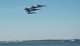The Blue Angels soar over the Charleston Harbor in Charleston, S.C., during their practice run April 12, 2010. The Blue Angels performed April 17 and 18 for public viewing. Performing their first demonstration in 1946, the Blue Angels are the oldest flying aerobatic team.