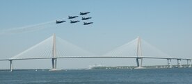 The Blue Angels soar over the Charleston Harbor in Charleston, S.C., during their practice run April 12, 2010. The Blue Angels performed April 17 and 18 for public viewing. Performing their first demonstration in 1946, the Blue Angels are the oldest flying aerobatic team.