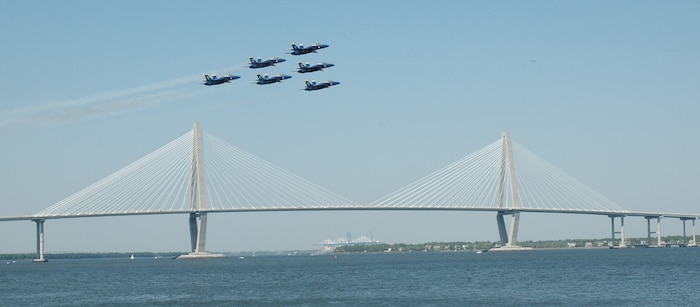 The Blue Angels soar over charleston harbor during thier practice run Friday, 12 April.  The Blue Angels performed on Saturday and Sunday for public viewing.